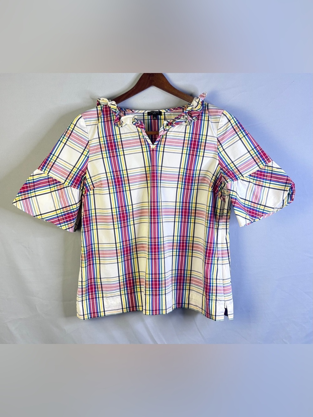 Talbots White Plaid Ruffle V-Neck Puff Sleeve Blouse